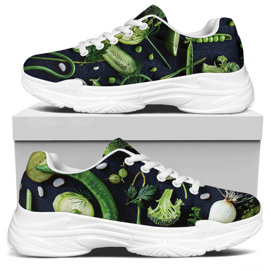 Fresh Green Fruit And Vegetables Print White Chunky Shoes