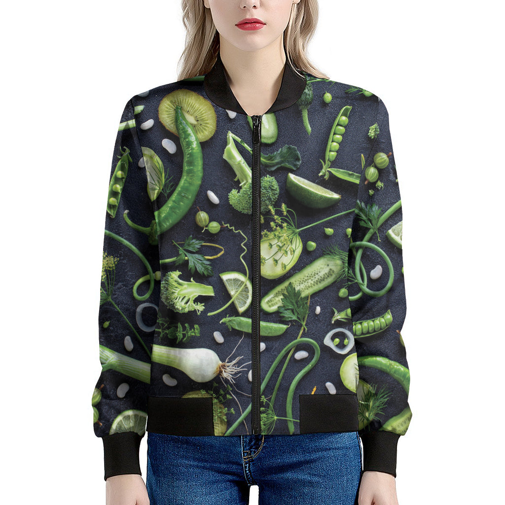 Fresh Green Fruit And Vegetables Print Women's Bomber Jacket