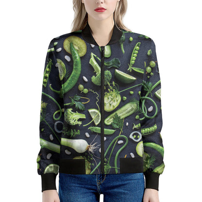 Fresh Green Fruit And Vegetables Print Women's Bomber Jacket