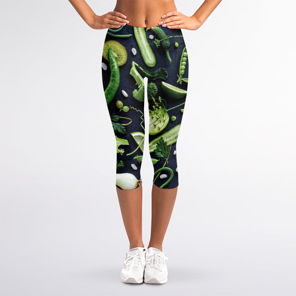 Fresh Green Fruit And Vegetables Print Women's Capri Leggings