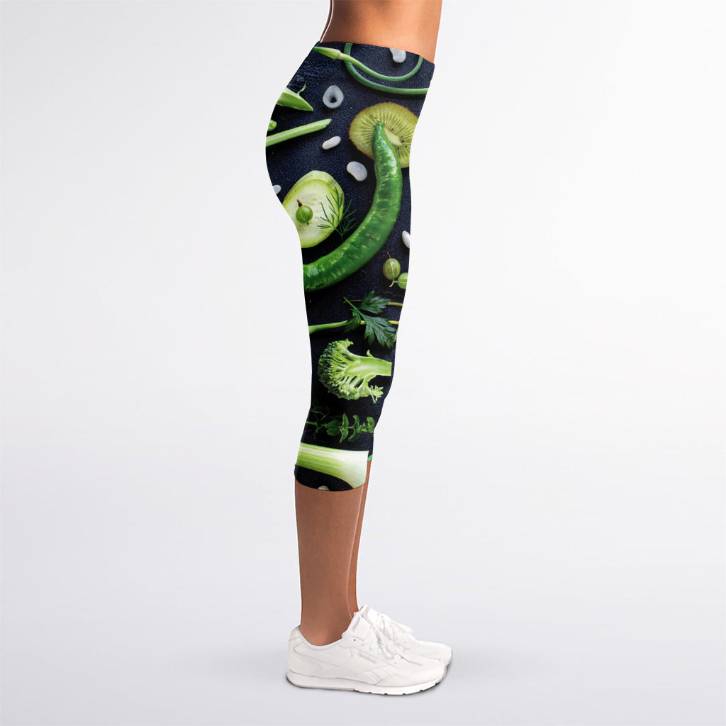Fresh Green Fruit And Vegetables Print Women's Capri Leggings