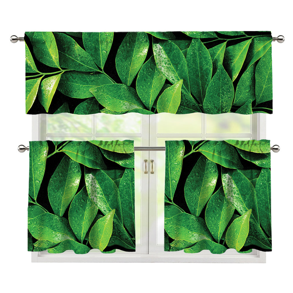 Fresh Green Leaf Print 3 Piece Kitchen Curtains