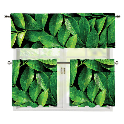 Fresh Green Leaf Print 3 Piece Kitchen Curtains