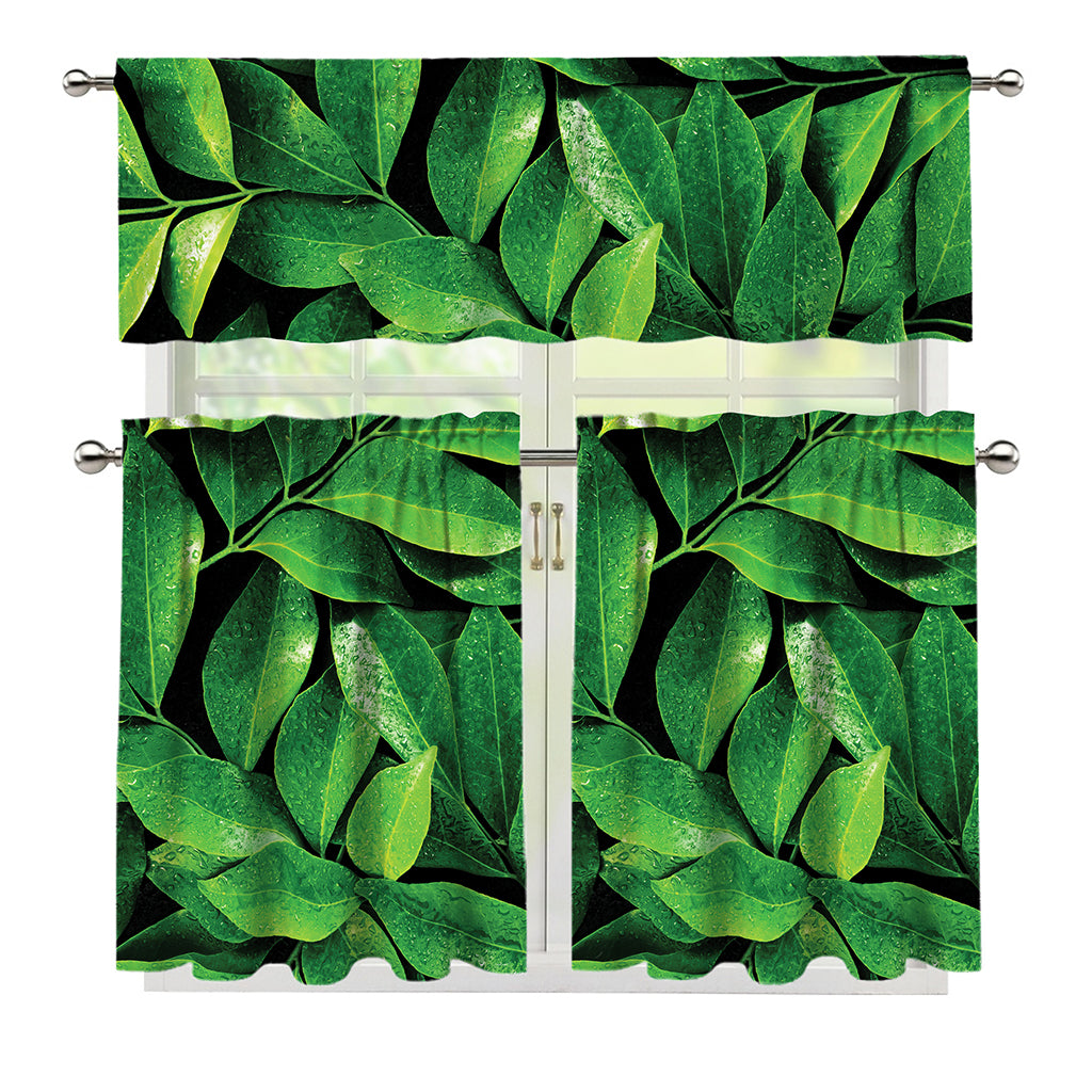 Fresh Green Leaf Print 3 Piece Kitchen Curtains