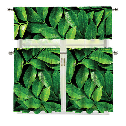 Fresh Green Leaf Print 3 Piece Kitchen Curtains