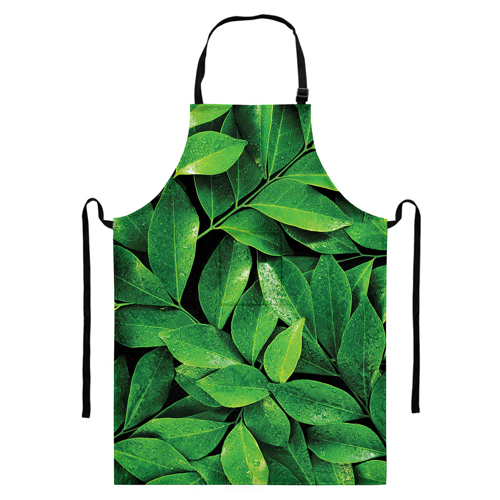 Fresh Green Leaf Print Bib Apron With Pocket