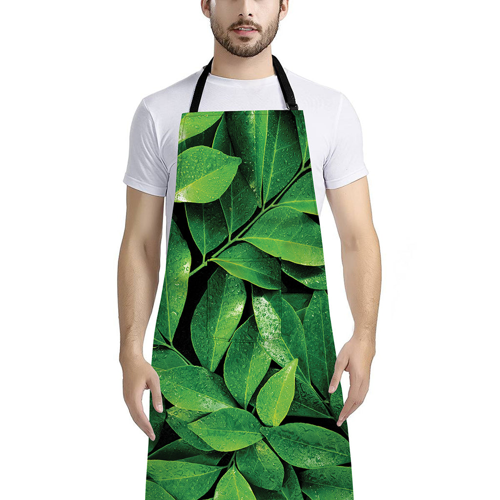 Fresh Green Leaf Print Bib Apron With Pocket