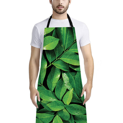 Fresh Green Leaf Print Bib Apron With Pocket