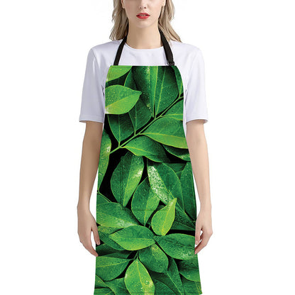 Fresh Green Leaf Print Bib Apron With Pocket