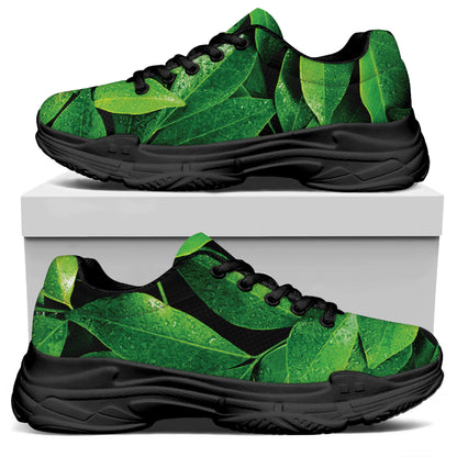 Fresh Green Leaf Print Black Chunky Shoes
