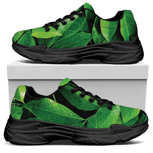 Fresh Green Leaf Print Black Chunky Shoes