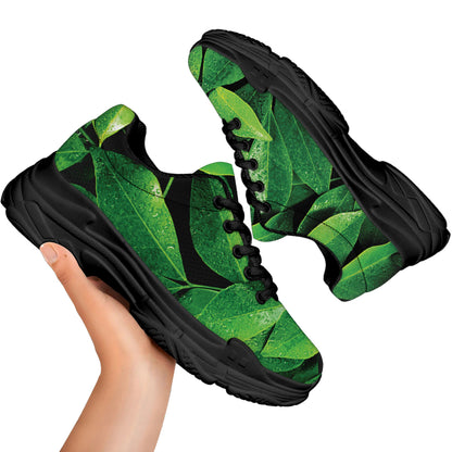 Fresh Green Leaf Print Black Chunky Shoes