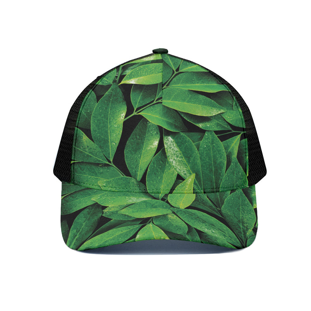 Fresh Green Leaf Print Black Mesh Trucker Cap