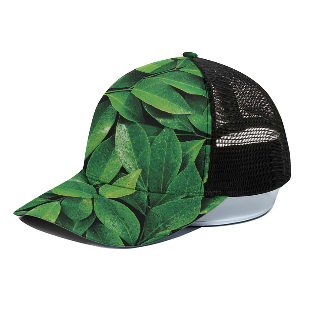 Fresh Green Leaf Print Black Mesh Trucker Cap