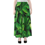 Fresh Green Leaf Print Chiffon Maxi Skirt