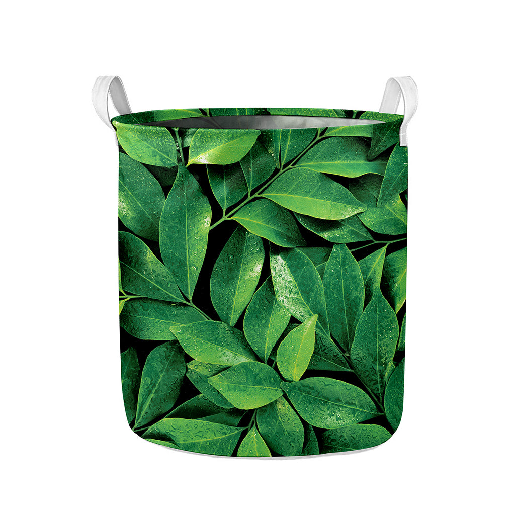 Fresh Green Leaf Print Collapsible Laundry Basket