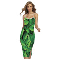 Fresh Green Leaf Print Cross Back Cami Dress