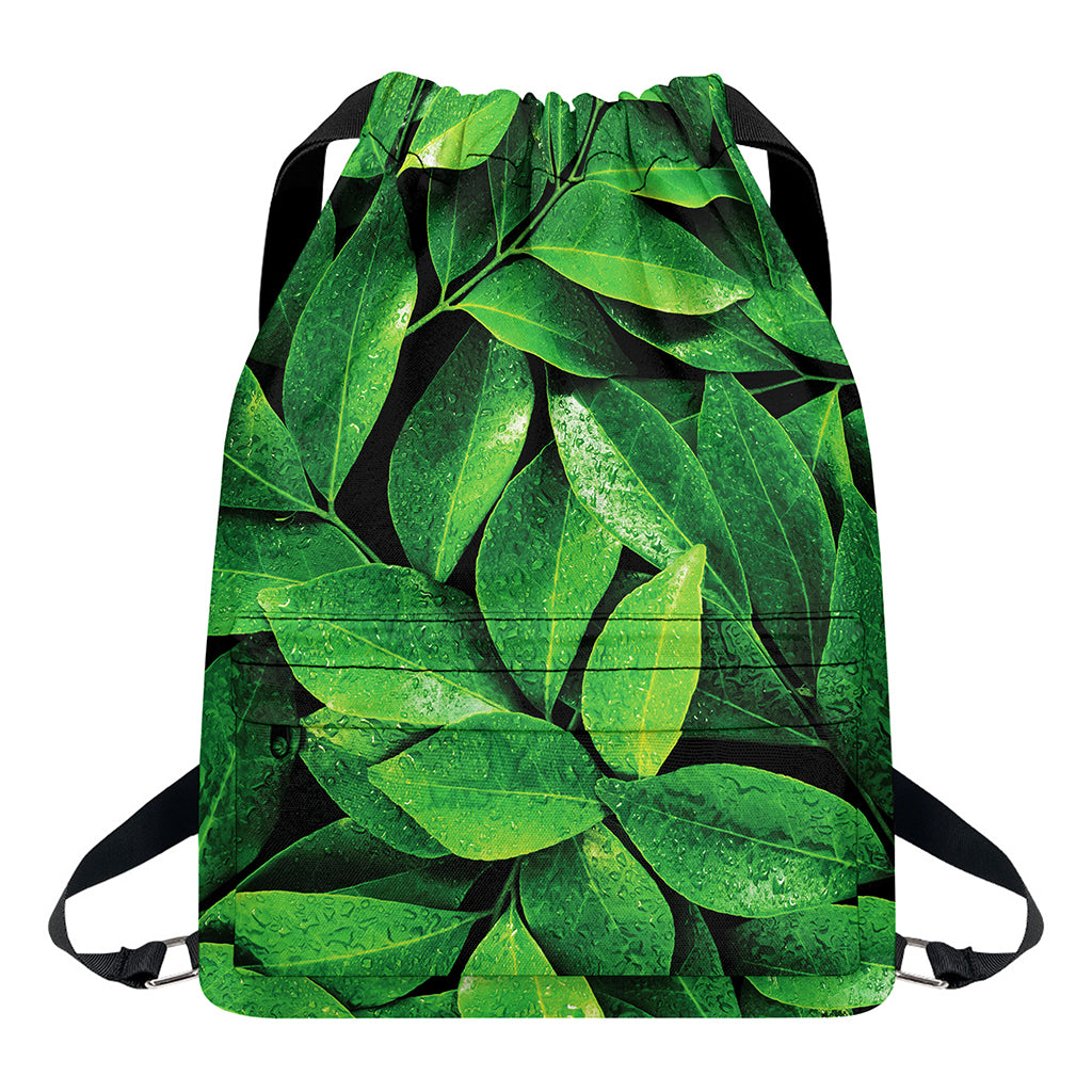 Fresh Green Leaf Print Drawstring Backpack