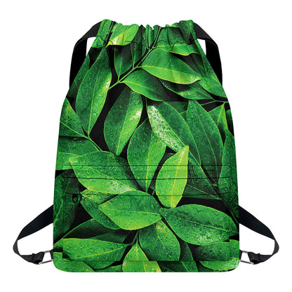 Fresh Green Leaf Print Drawstring Backpack