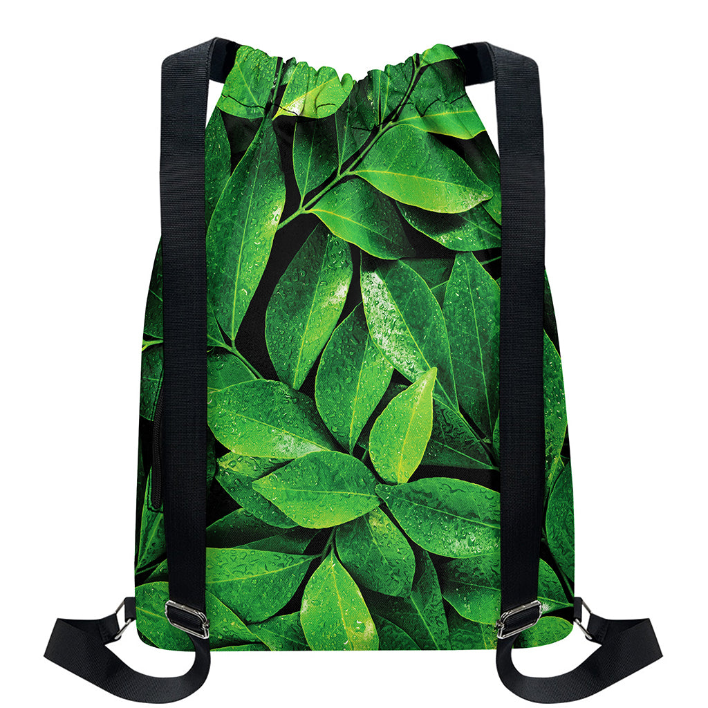 Fresh Green Leaf Print Drawstring Backpack