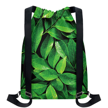 Fresh Green Leaf Print Drawstring Backpack