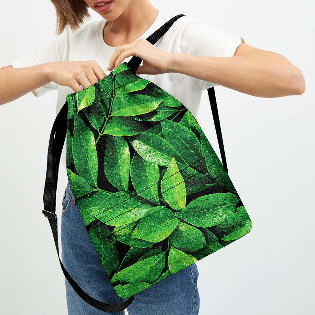 Fresh Green Leaf Print Drawstring Backpack