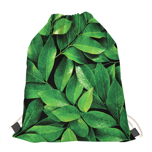 Fresh Green Leaf Print Drawstring Bag