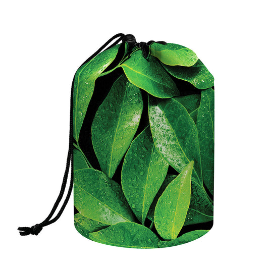 Fresh Green Leaf Print Drawstring Makeup Bag