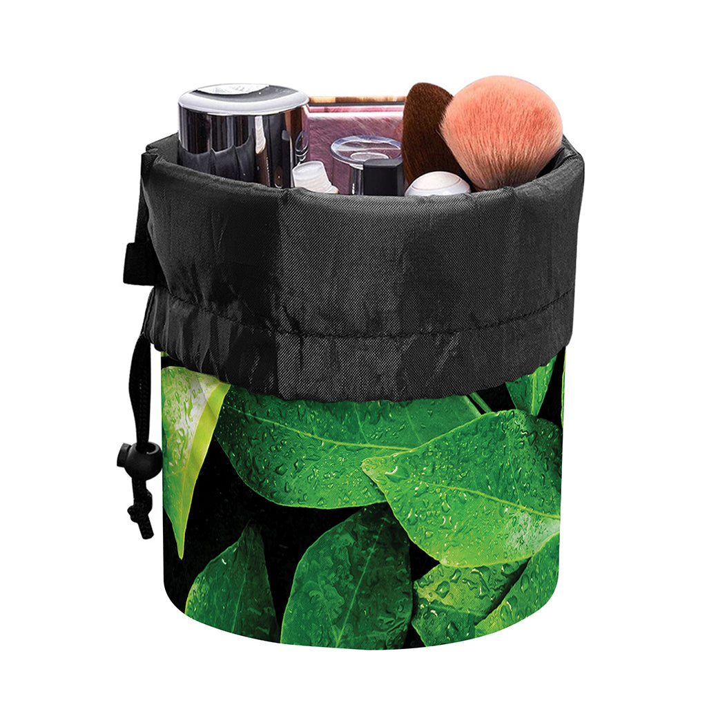 Fresh Green Leaf Print Drawstring Makeup Bag