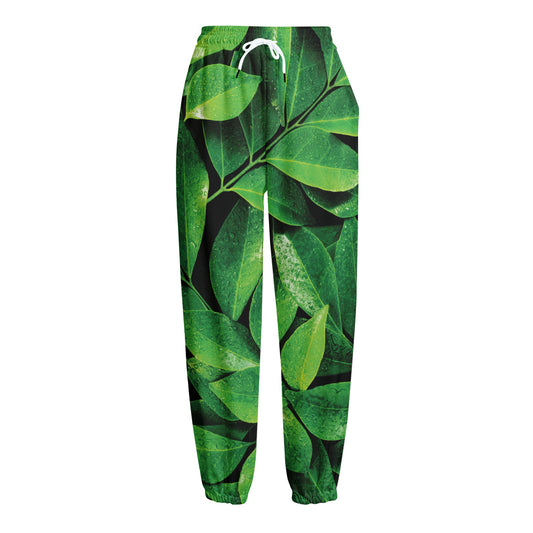 Fresh Green Leaf Print Fleece Lined Knit Pants