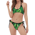 Fresh Green Leaf Print Halter Scoop Tie Side Bikini