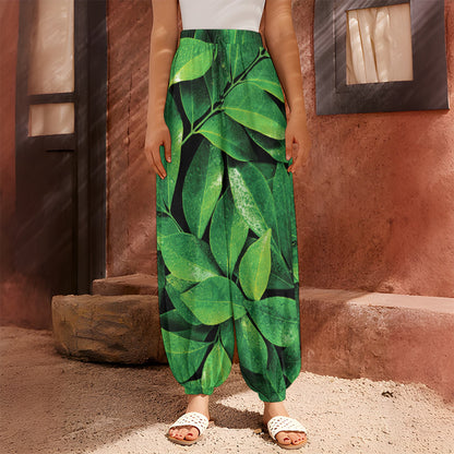 Fresh Green Leaf Print Harem Pants