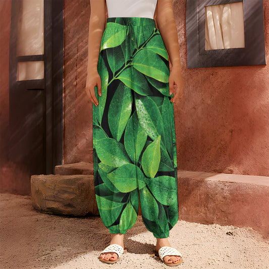 Fresh Green Leaf Print Harem Pants