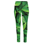 Fresh Green Leaf Print High-Waisted Pocket Leggings