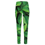 Fresh Green Leaf Print High-Waisted Pocket Leggings