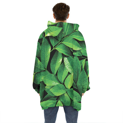 Fresh Green Leaf Print Hoodie Blanket