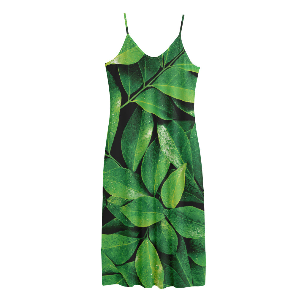Fresh Green Leaf Print Jersey Midi Cami Dress