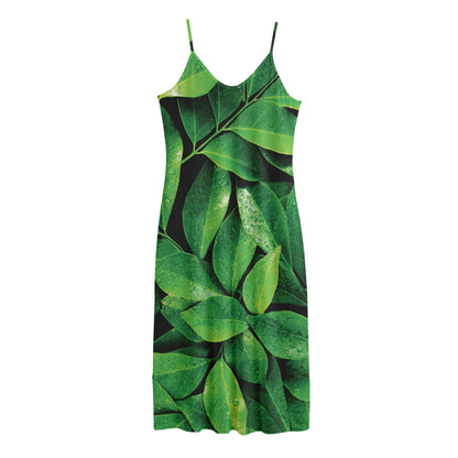 Fresh Green Leaf Print Jersey Midi Cami Dress