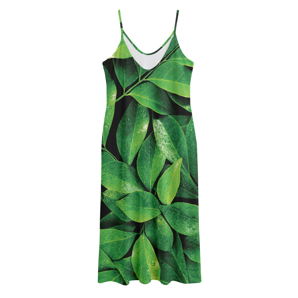 Fresh Green Leaf Print Jersey Midi Cami Dress