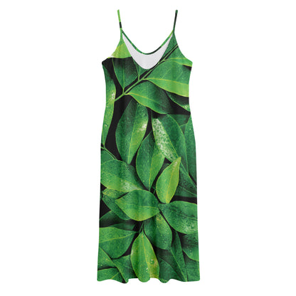 Fresh Green Leaf Print Jersey Midi Cami Dress