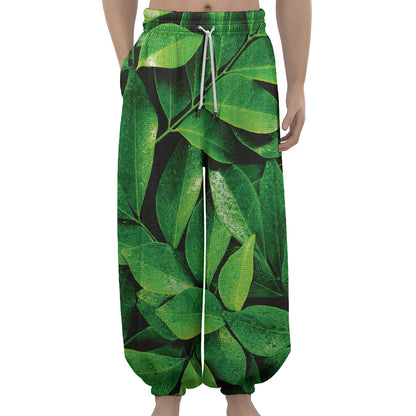 Fresh Green Leaf Print Lantern Pants