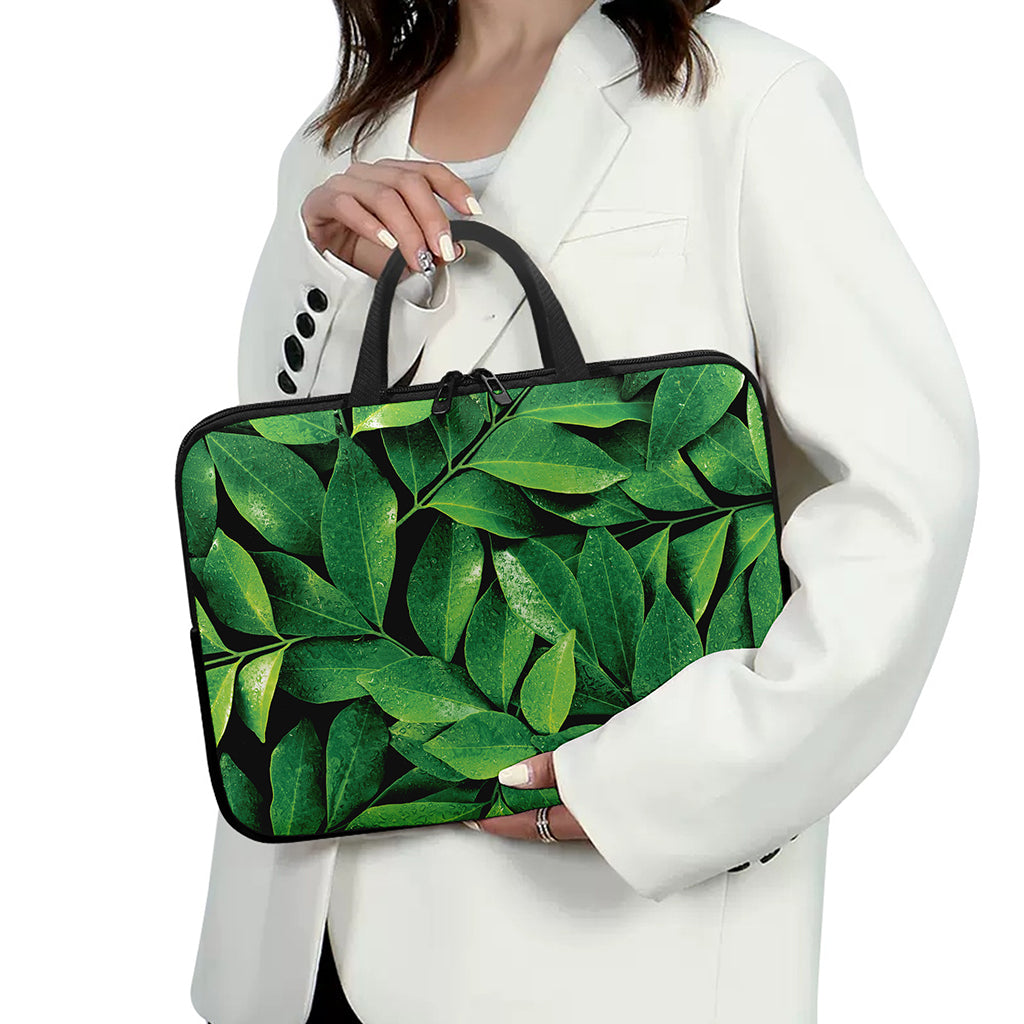 Fresh Green Leaf Print Laptop Sleeve With Handle