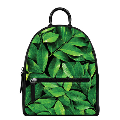 Fresh Green Leaf Print Leather Backpack