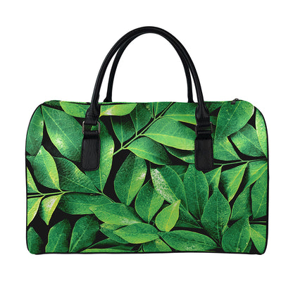 Fresh Green Leaf Print Leather Duffle Bag