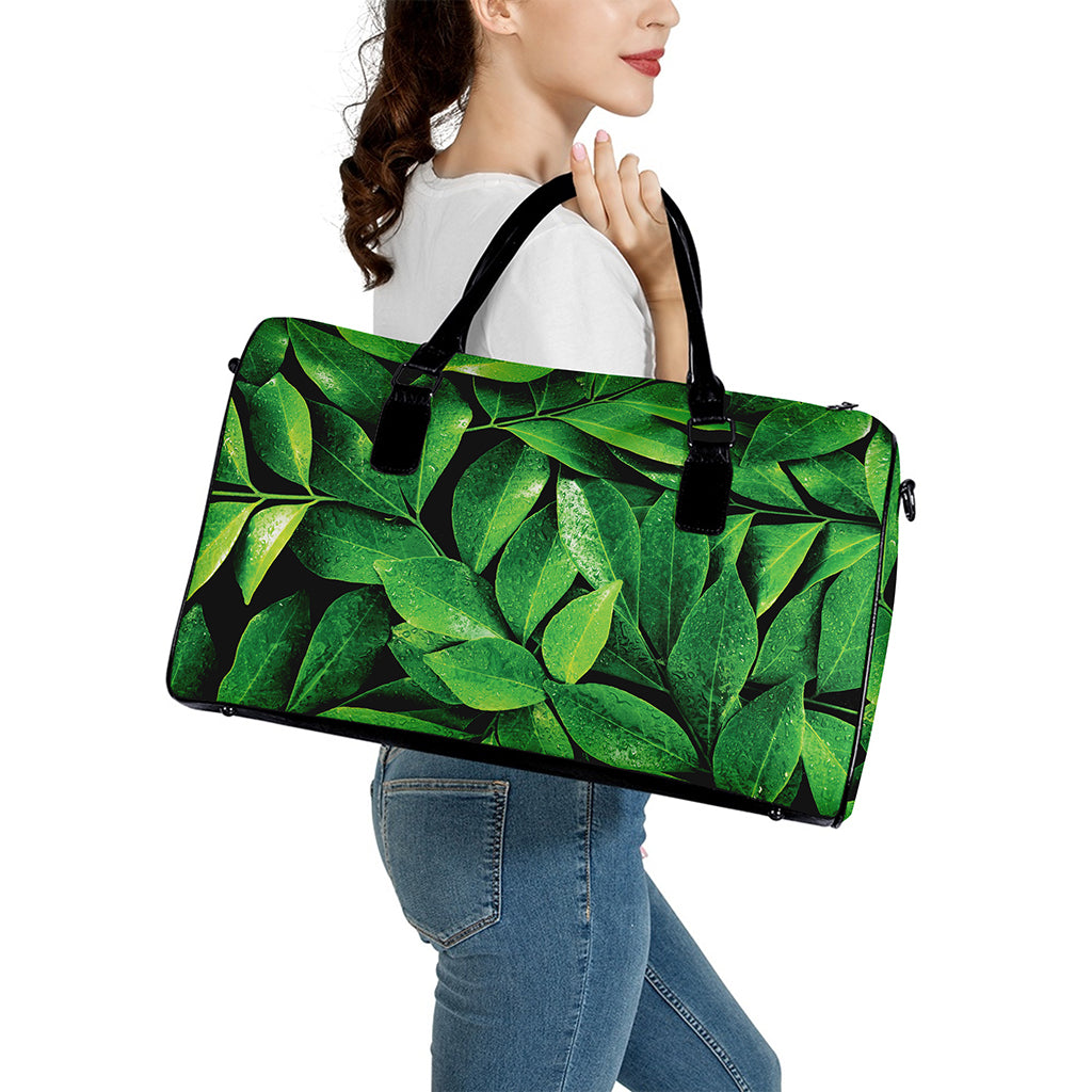 Fresh Green Leaf Print Leather Duffle Bag