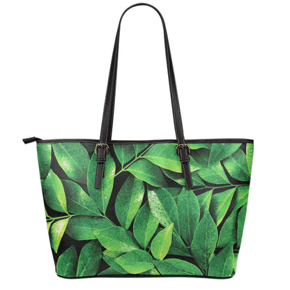 Fresh Green Leaf Print Leather Tote Bag