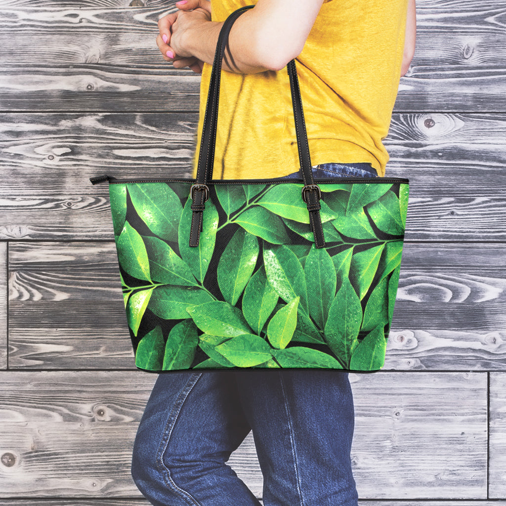 Fresh Green Leaf Print Leather Tote Bag