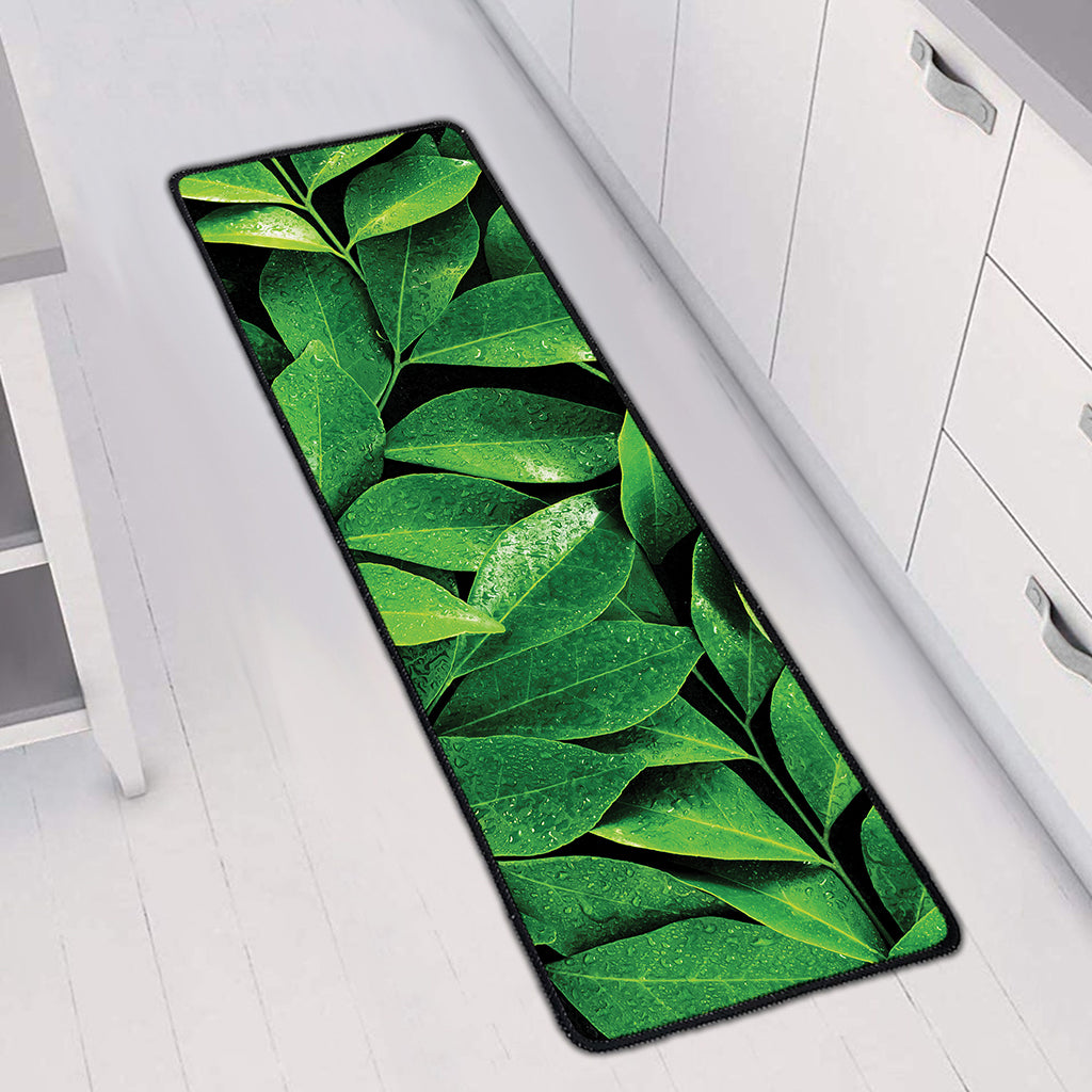 Fresh Green Leaf Print Long Kitchen Mat