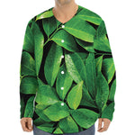 Fresh Green Leaf Print Long Sleeve Baseball Jersey