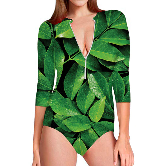Fresh Green Leaf Print Long Sleeve Swimsuit